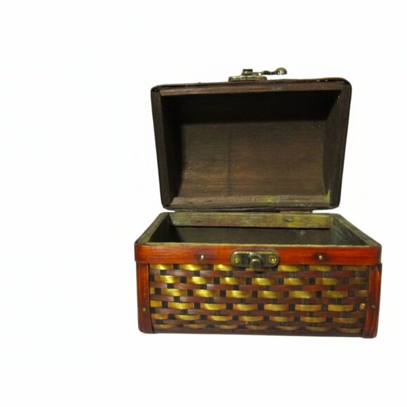Rare Vintage Woven Wood & Brass Strip Box Unique Antique Keepsake Chest Artisan - Picture 5 of 8